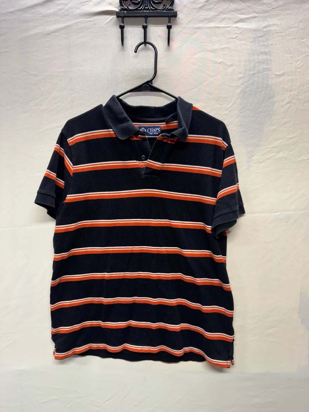 Chaps Men's Black and Orange Striped Short Sleeve Cotton Polo Shirt Large